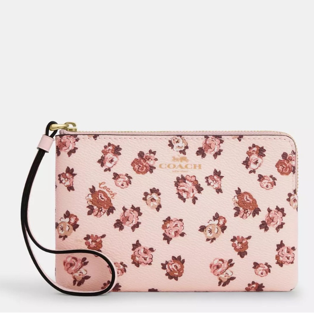 Coach Corner Zip Wristlet With Rosette Print nwt in packaging